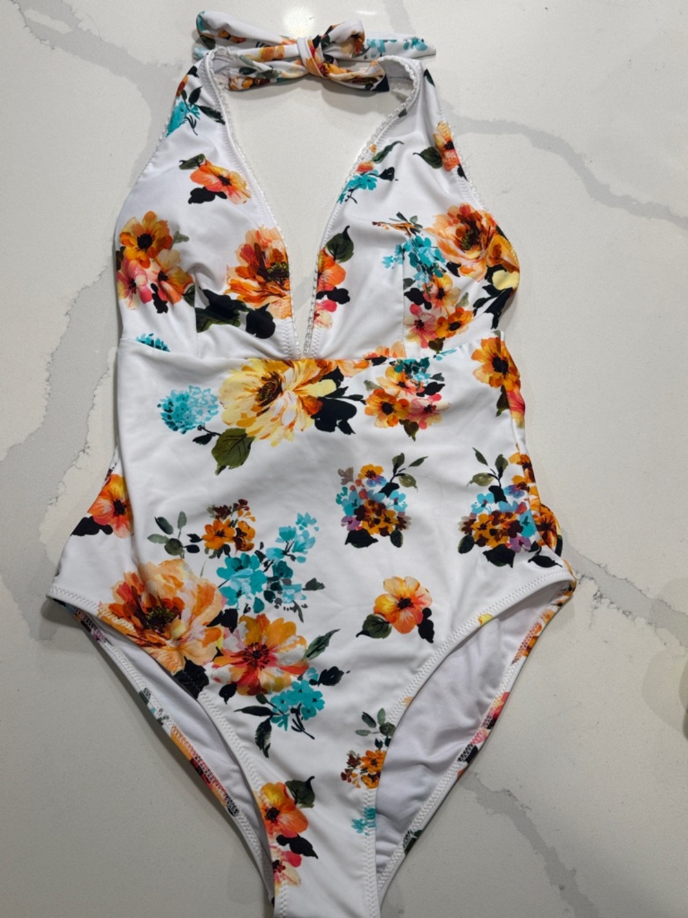 Womens White Floral One-Piece Swimsuit with Teal & Orange Flowers